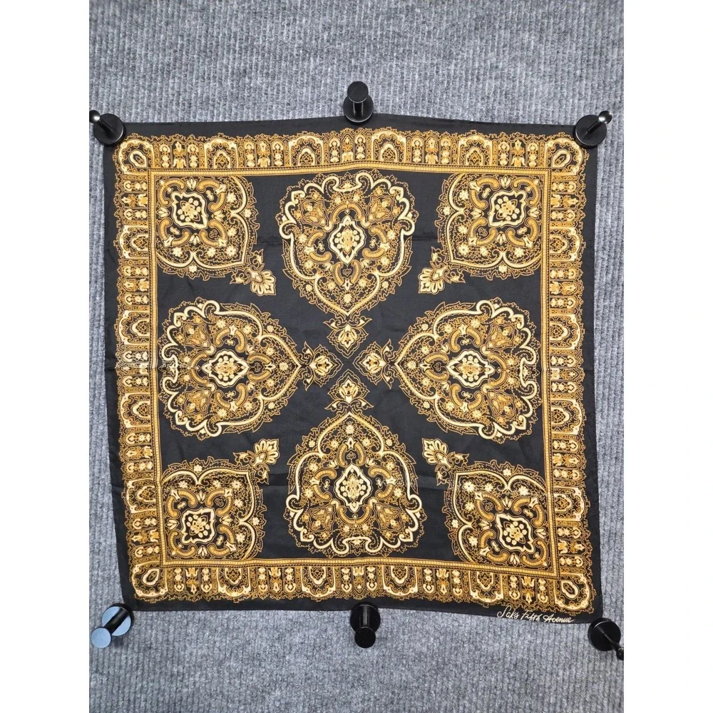 Vtg Saks Fifth Avenue Silk Scarf Made In Italy Gold Black Baroque Design 24x24